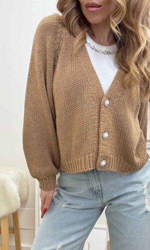 HaveOne Cardigan Bottoni Gioiello Cammello