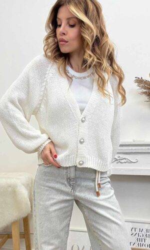 HaveOne Cardigan Bottoni Gioiello Panna