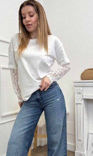 Only T-shirt manica pizzo Bianco
