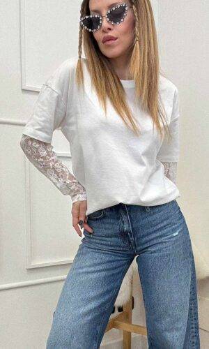 Only T-shirt manica pizzo Bianco