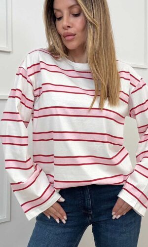 Pieces Tee Righe Rosso Rosa