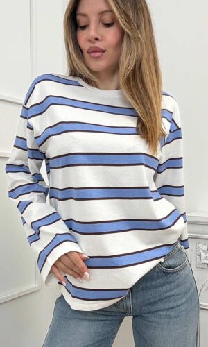 Pieces Tee Righe Vino Celeste